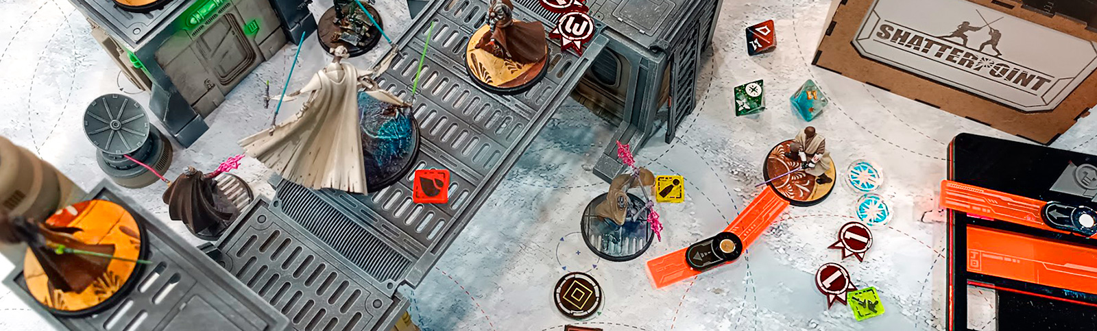 Shatterpoint table with dice, tokens, rules and scenery